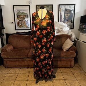 Chic Rose Print Long Sleeve Dress